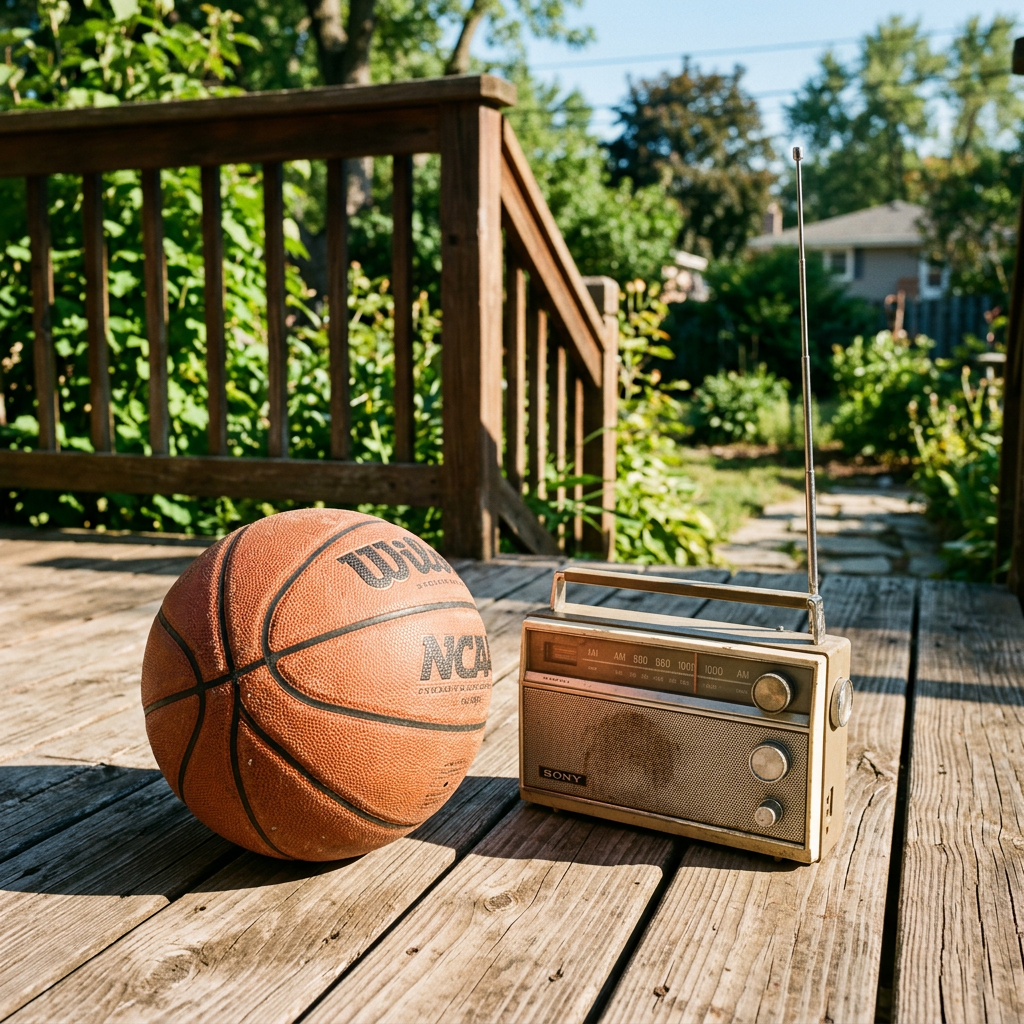 Basketball and vintage Sony radio on wooden deck outdoors